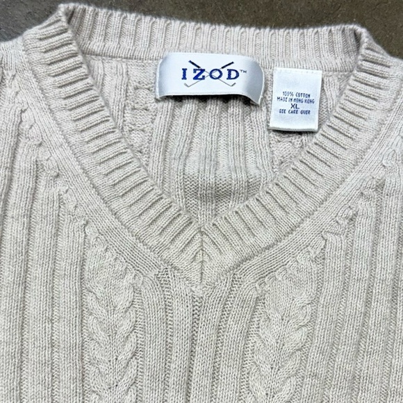 Vintage IZOD Men’s XL V-Neck Cable Knit Sweater Ivory Preppy Pullover Hong Kong - Picture 5 of 9